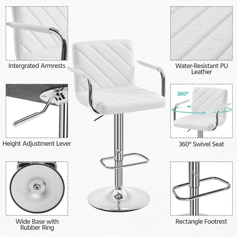 Bar Stools Set of 4, Height Adjustable Swivel Bar Stools, Counter Height Bar Stools for Kitchen Island, White Chairs