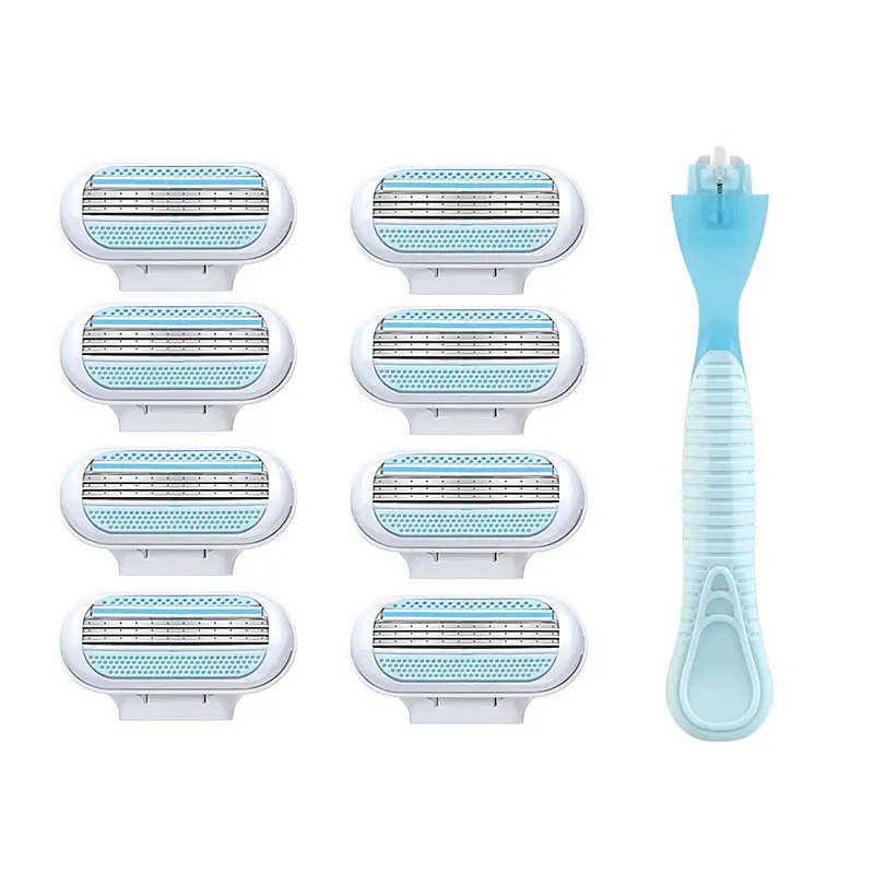 Rasoir pour femmes en acier inoxydable tondeuse à cheveux rasoir pour le visage avec couvercle de sécurité, 8 recharges de lames et 1 manche de couteau