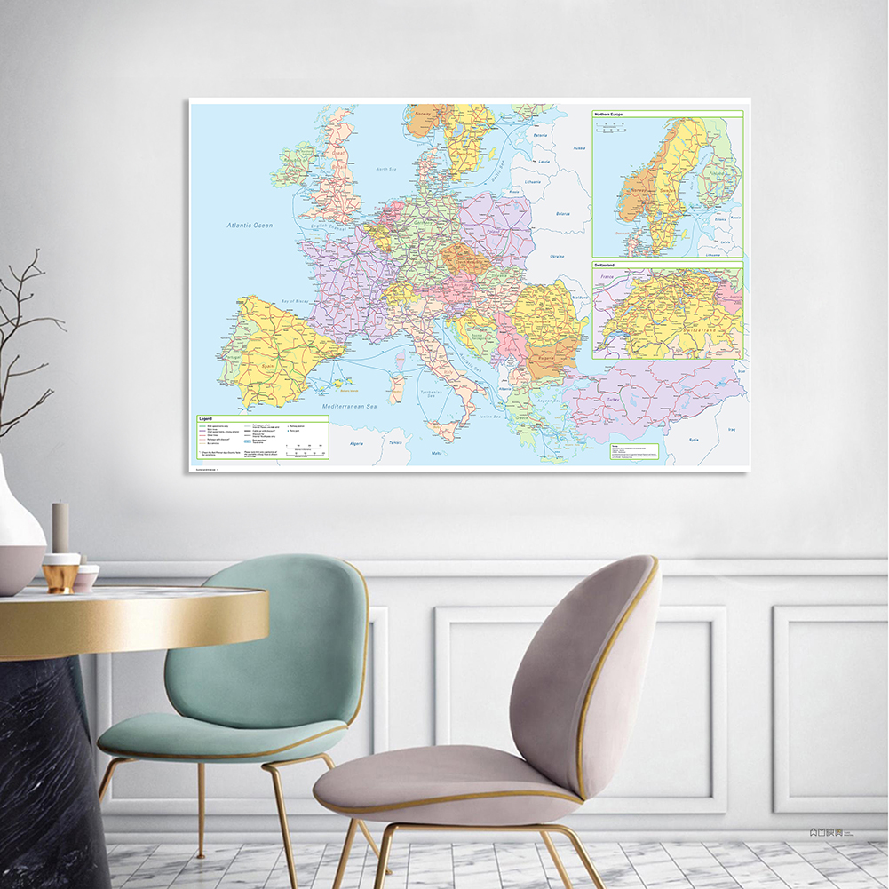 La mappa del percorso dei trasporti dell'Europa con dettagli Tela non tessuta Pittura Poster da parete Decorazioni per la casa Materiale scolastico 150 * 100 cm
