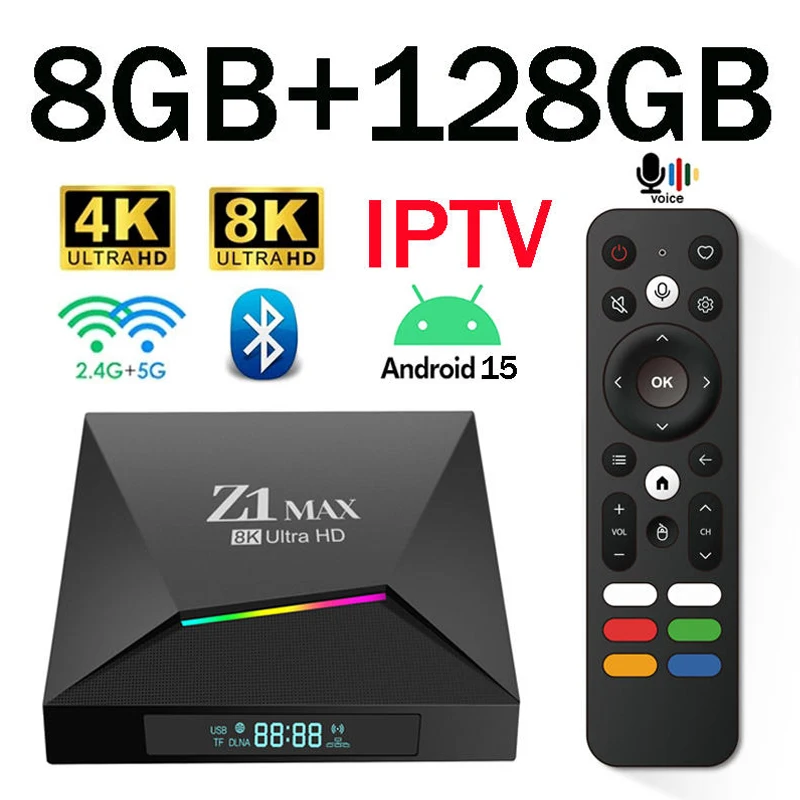 Ổ đĩa TV Z1 Max Android 15 4K 8K HD Allwinner H618 Quad core BT 5.0 4G 5G WiFi kép 8GB 128GB điều khiển bằng giọng nói hỗ trợ IPTV châu Âu