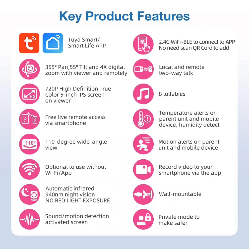 5 "Tuya Smart WiFi recordatorio de alimentación temperatura movimiento detección de sonido APP Ver Control Audio Video bebé monitores cámara 1080P