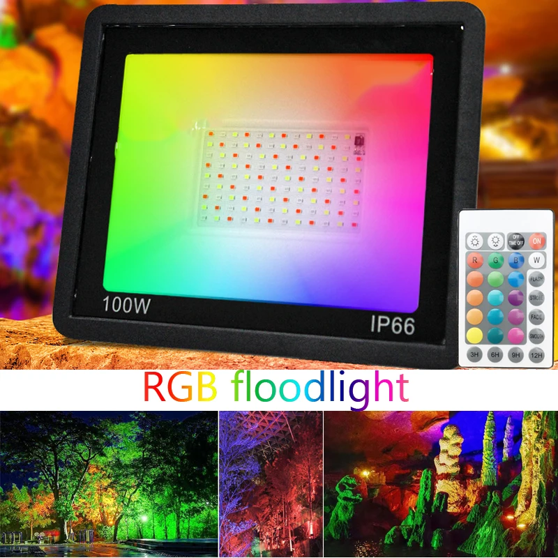 Timeable RGB LED Floodlight Outdoor IP66 Waterproof Path Light AC220V 10W 30W 50W 100W Garden Porch Courtyard Lamp with Remote