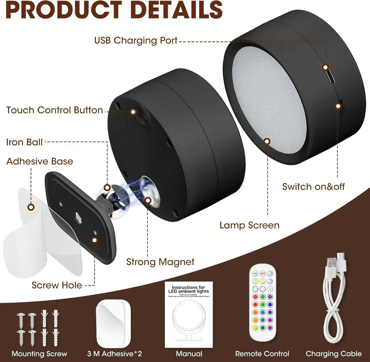 Lampada da parete magnetica a LED Luci magnetiche dimmerabili notturne 360 °   Lampada da notte con faretto per armadio con telecomando Rotazione Touch