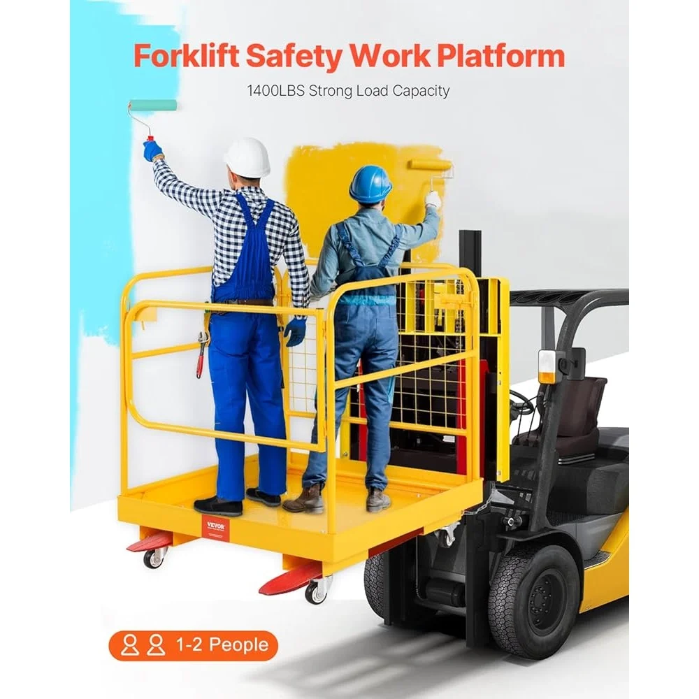 Forklift Safety Cage Foldable Work Platform Heavy Duty 1200 lbs Load Capacity with Lockable Swivel Wheels and Drainage Hole