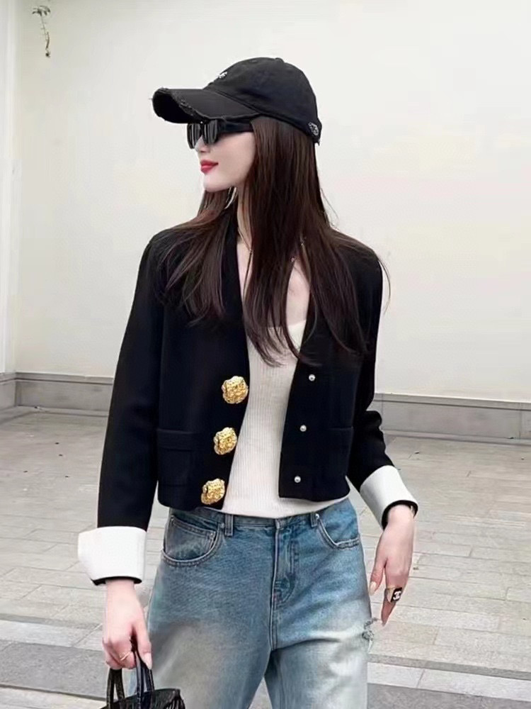 女性フレンチスタイルヴィンテージ高級シックエレガントなボタンニットカーディガン春秋黒、白 V ネック長袖セーターコート