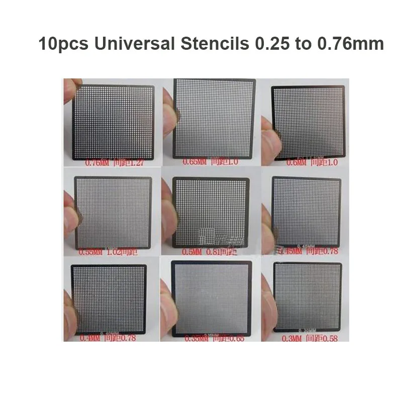 Juego de 10 Uds. De plantilla de Reballing BGA Universal multifunción 0,76 0,65 0,6 0,55 0,5 0,45 0,4 0,35 0,3 0,25mm Kits Bga calor directo