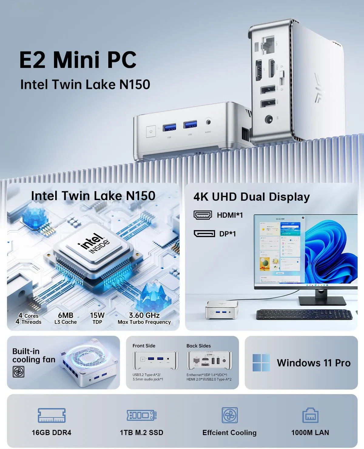 Mini PC ACEMAGIC Essenx E2 N150 con 16 GB DDR4, 1 TB SSD, HDMI+DP1.4, doble 4K UHD, Gigabit Ethernet, WiFi5, BT4.2
