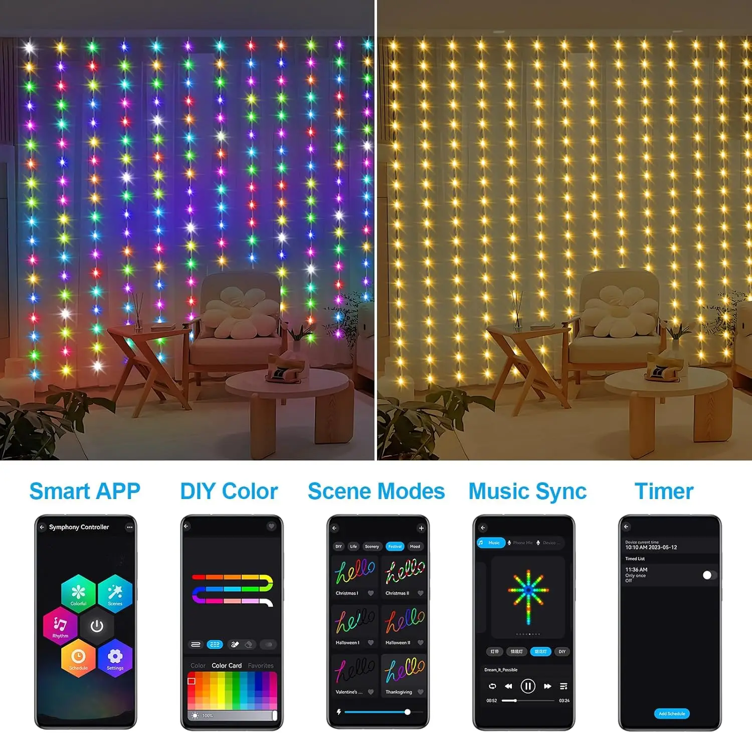 3M LED Smart Curtain Lights Bluetooth APP Control USB Colorful RGB Window Fairy Light For Bedroom Christmas Decor Wedding Party