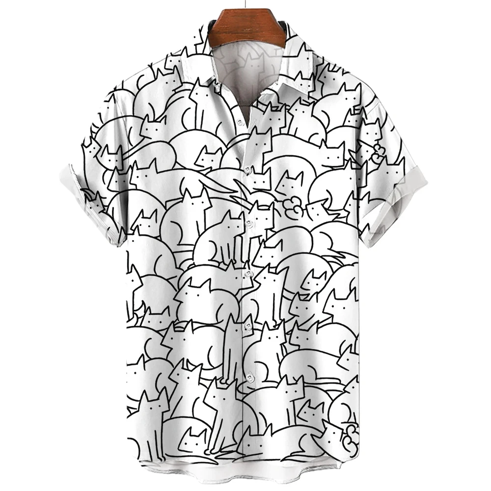Herren Kurzarm Shirt Mode Cartoon Linie Katze Muster Print Top Damen Casual Button Shirt Top
