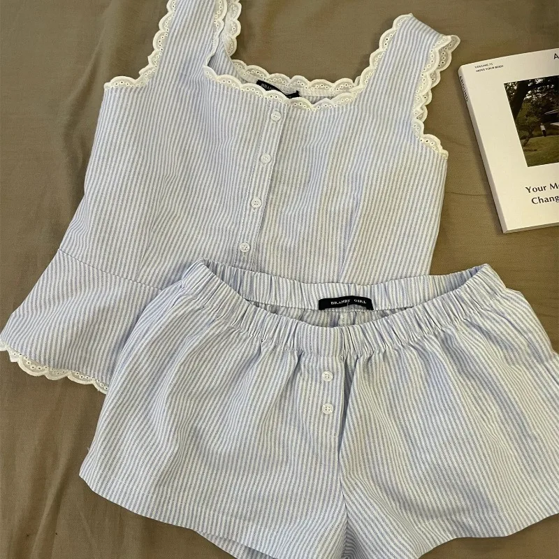 Pijamas a rayas para mujer, ropa de dormir de verano, conjuntos de pantalones cortos sin mangas, ropa de noche de encaje de 2 piezas, traje coreano para dormir en casa, novedad de 2025