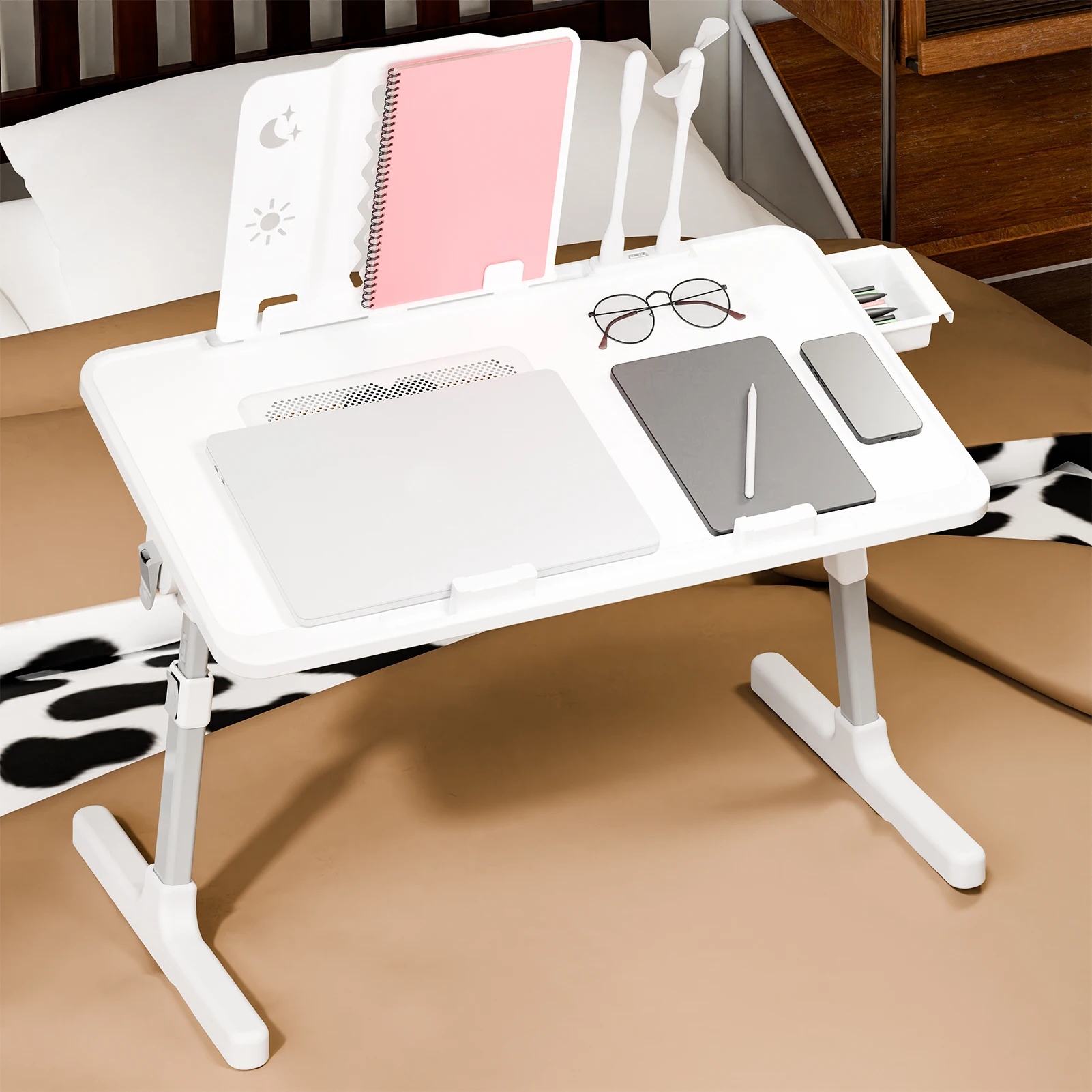 Laptop Bed Tray Table, Adjustable Lap Desk with Light Fan, Folding Laptop Desk for Bed with USB, Bed Desk with Storage Drawer