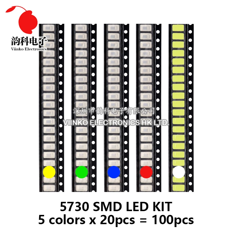 100Pcs = 5 Màu X 20 5050 5730 1210 1206 0805 0603 0402 SMD LED Diode Bộ Đỏ/Xanh Lá/Xanh Dương/Trắng/Vàng