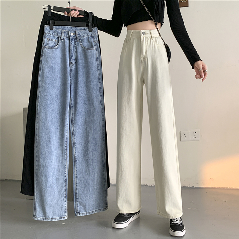 ハイウエストワイドレッグホワイトジーンズ女性の春秋の新スタイルルーズ作業服長ズボン痩身効果ストレートカット