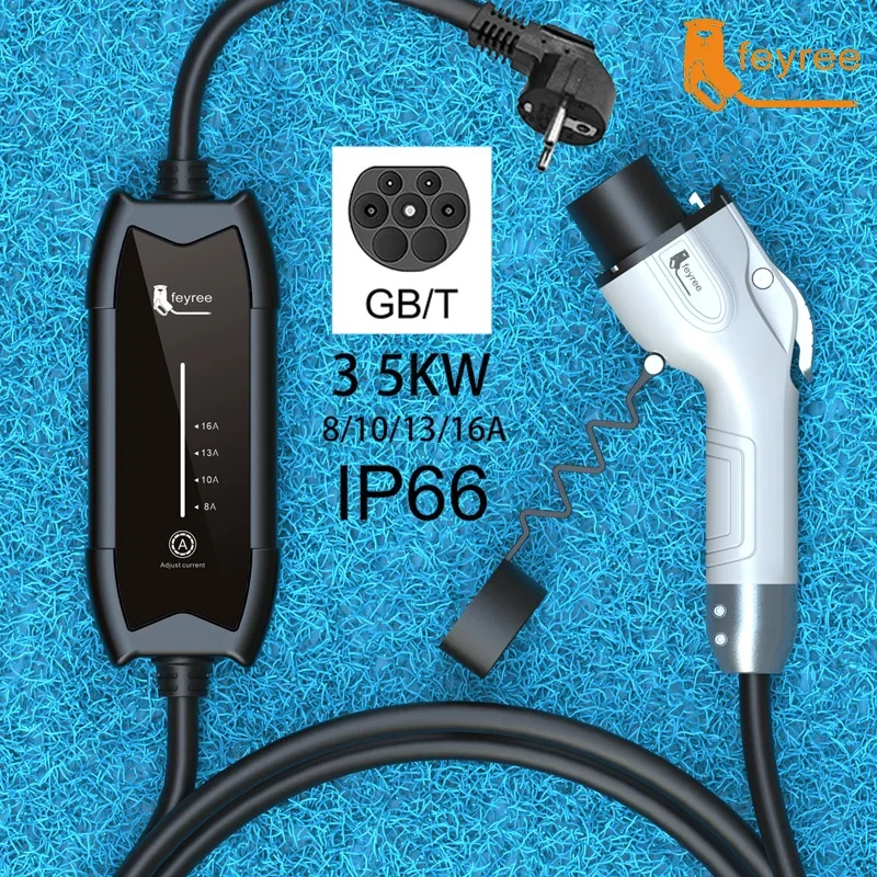 Feyree EV-oplader Type2 16A 3,5KW 1 fase GB/T / Type1 stroom verstelbare 3,5 m kabel draagbare oplaaddoos voor elektrisch voertuig