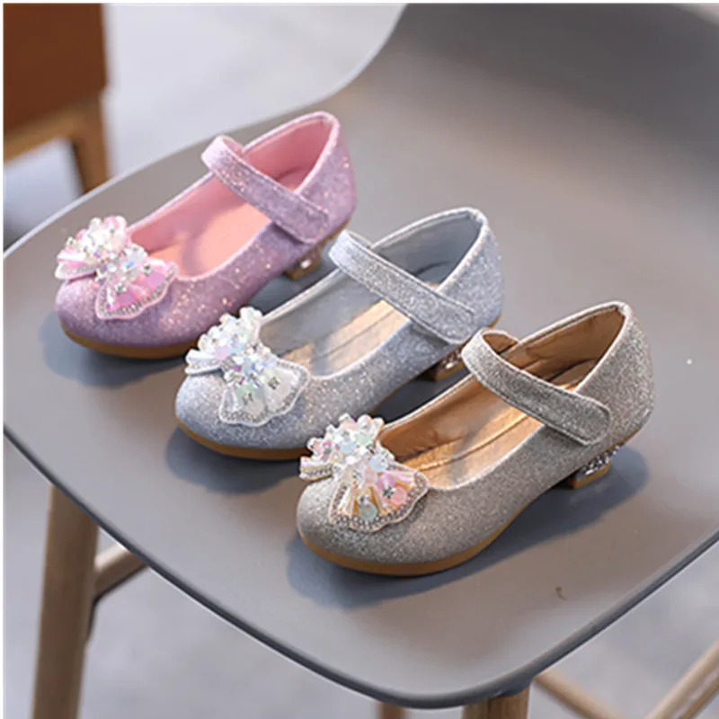 Crianças sapato de couro doce princesa sapatos para meninas com strass bowtie moda versátil sapatos infantis com saltos para festa