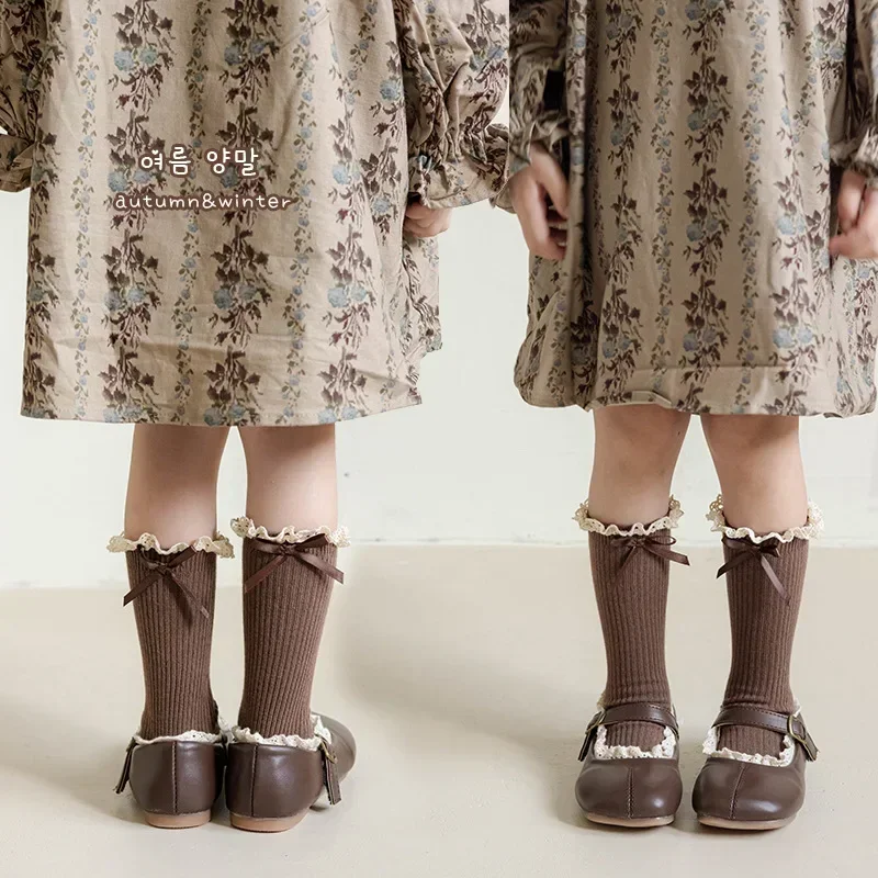 Calcetín de princesa para niños pequeños, calcetín Retro de encaje con volantes y lazo hasta la pantorrilla para niños, calcetín escolar de algodón suave para primavera y otoño