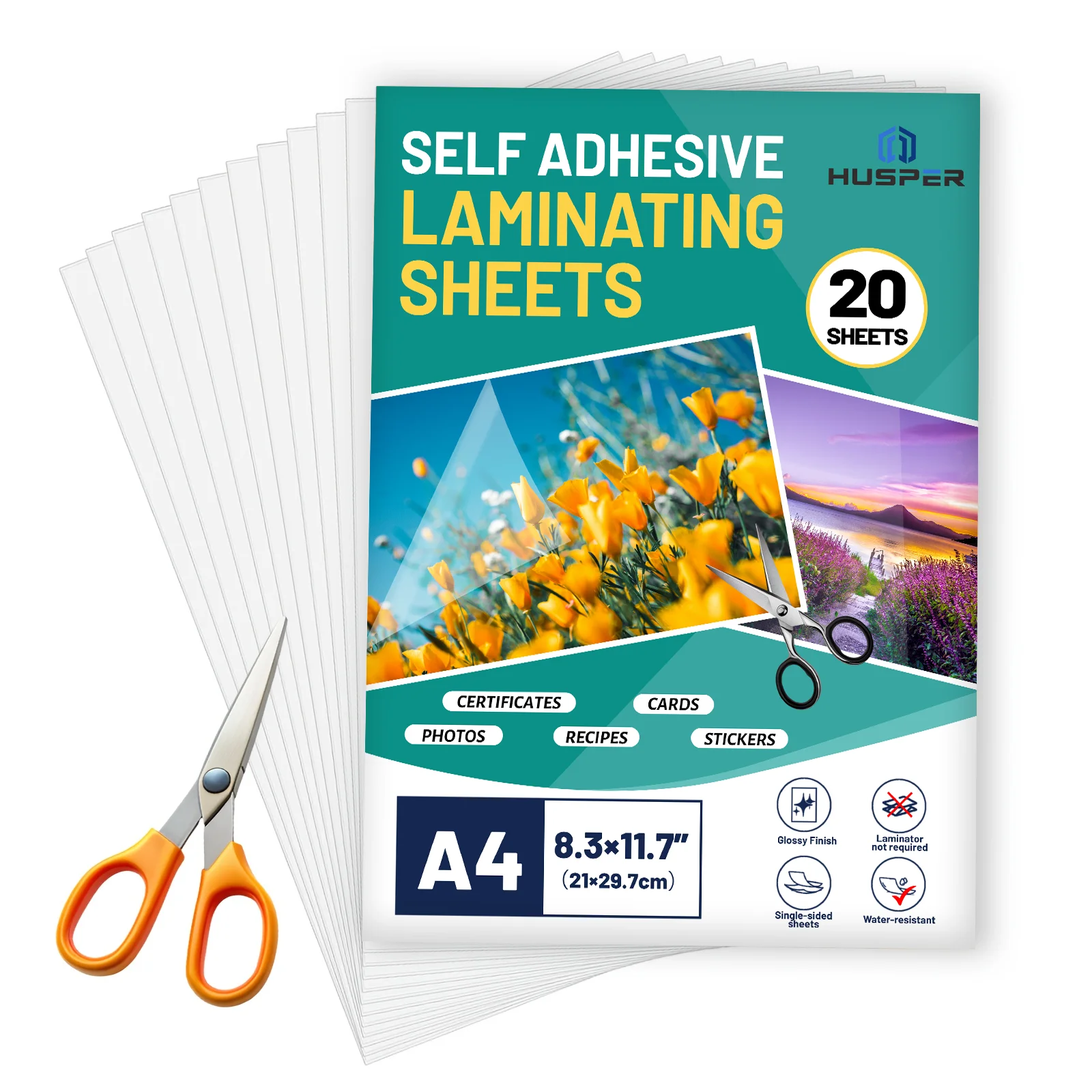 Hojas laminadas autoadhesivas transparentes de tamaño A4, paquete de 20 películas adhesivas fotográficas impermeables, No requiere máquina ni calor