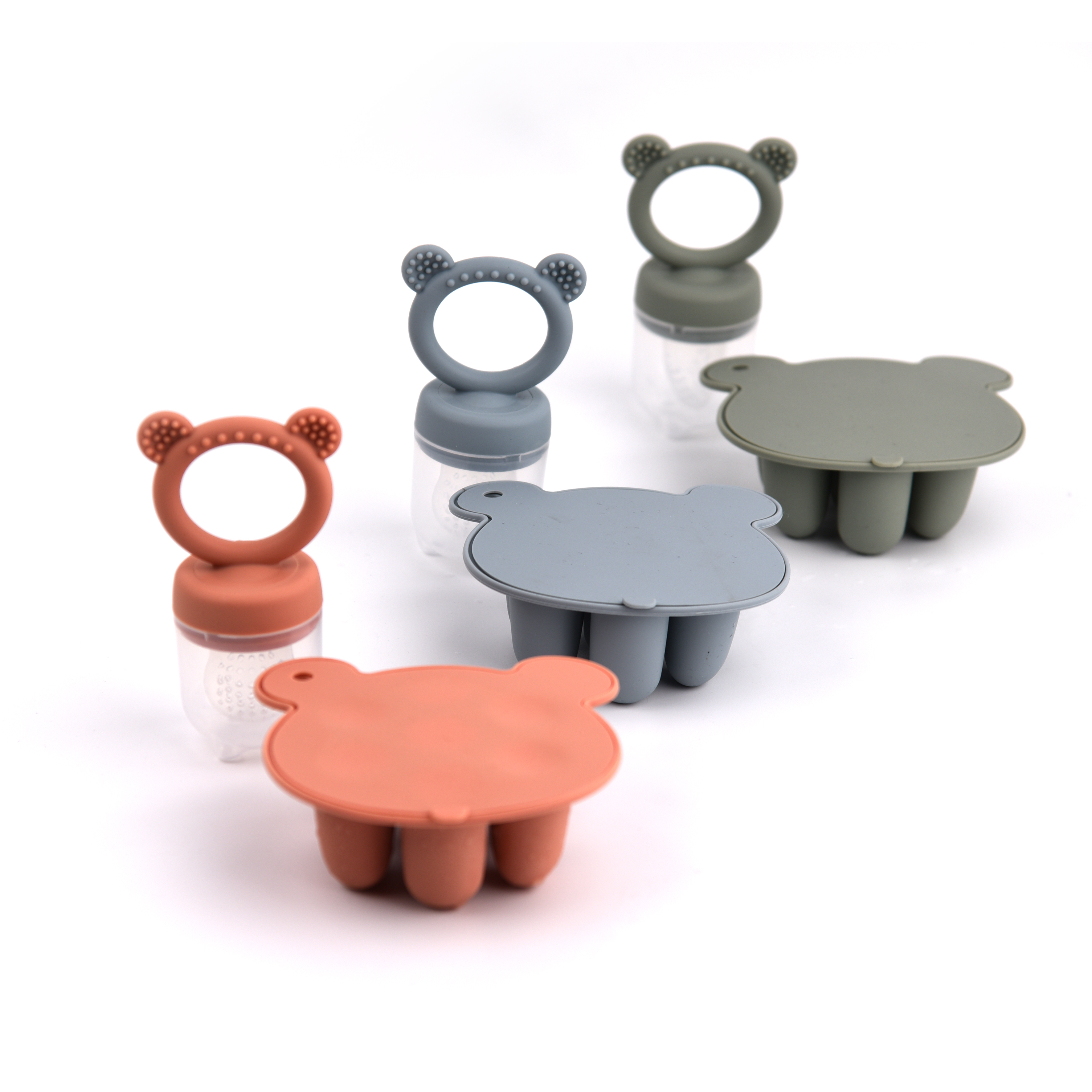 Mais recente design animal urso conjunto alimentador de frutas leite materno freezer bandeja comida sopa silicone freezer bandeja silicone picolé molde