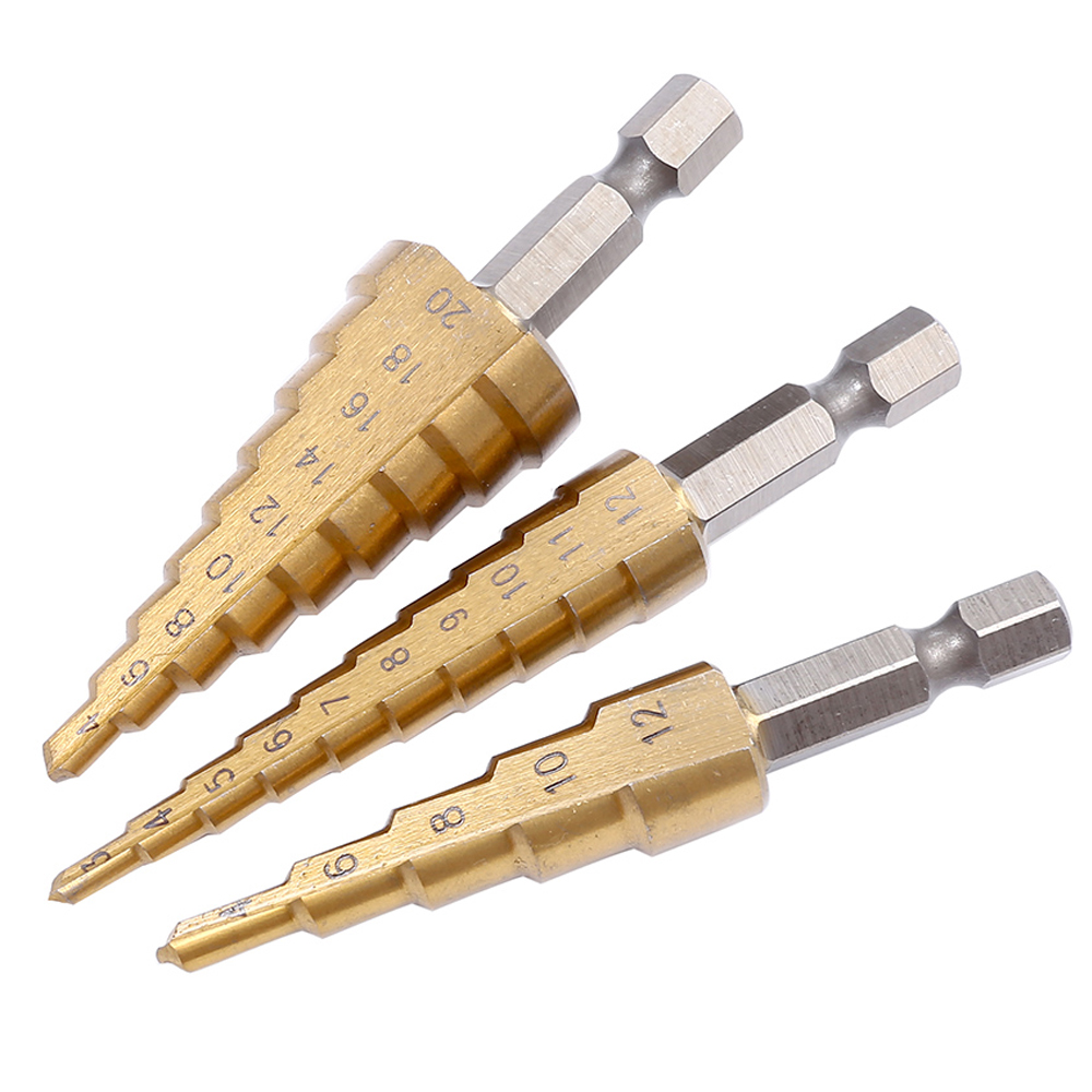 3pcs 3-12mm 4-12mm 4-20mm HSS Straight Groove Step Drill Bit Set Titanium Coated Wood Metal Hole Cutter Core Drill Bit Set