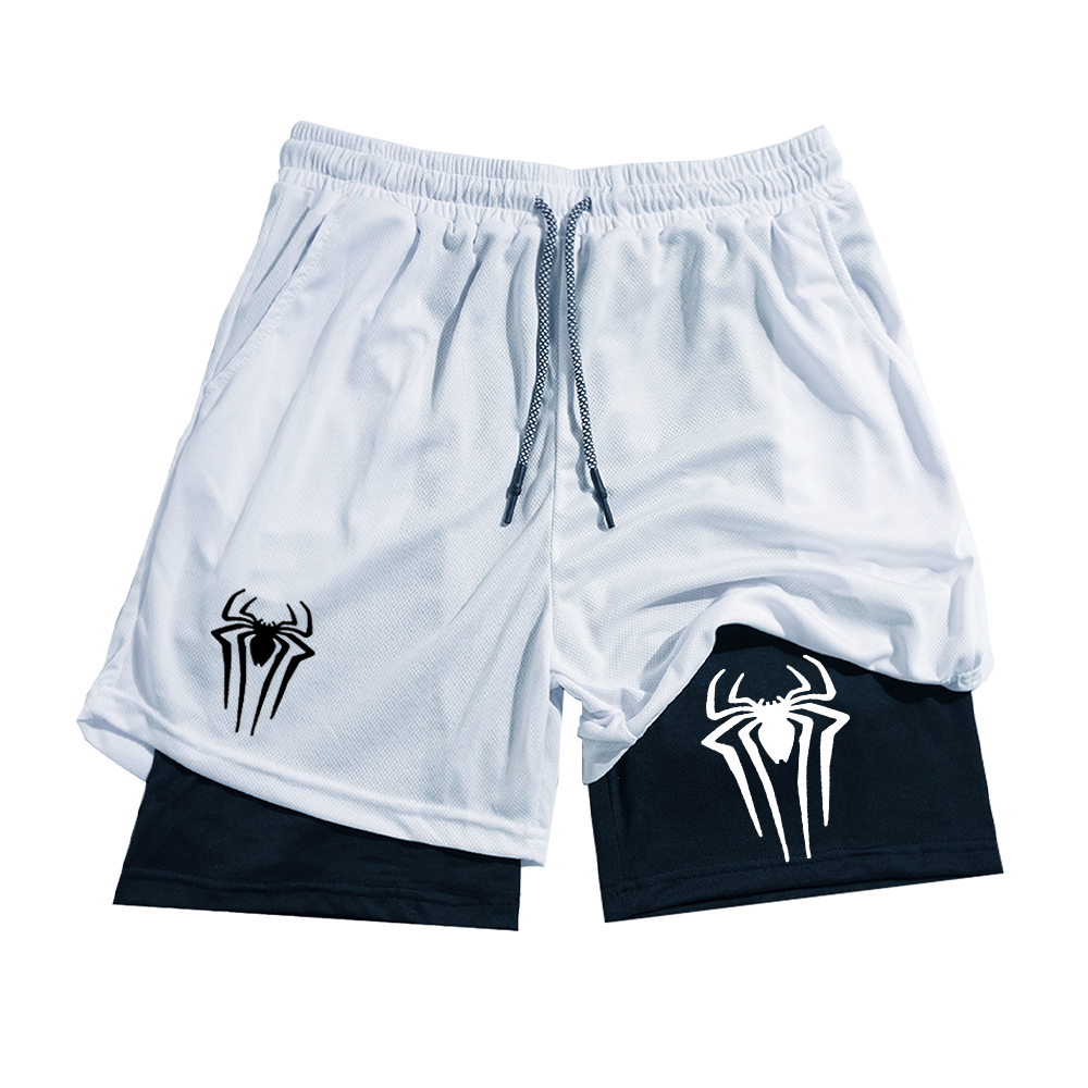 Y2K Performance กางเกงขาสั้นผู้ชาย Spider พิมพ์ GYM Casual กีฬากางเกงขาสั้นการบีบอัดออกกําลังกายวิ่งตาข่าย 2 In 1 กีฬาสั้นกางเกง
