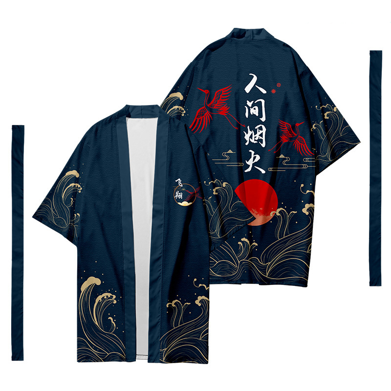Herren japanische lange Kimono-Strickjacke, Herren-Samurai-Kostüm, Kimono-Feuerwerk-Muster, Kimono-Hemd, Yukata, äußere Abdeckung