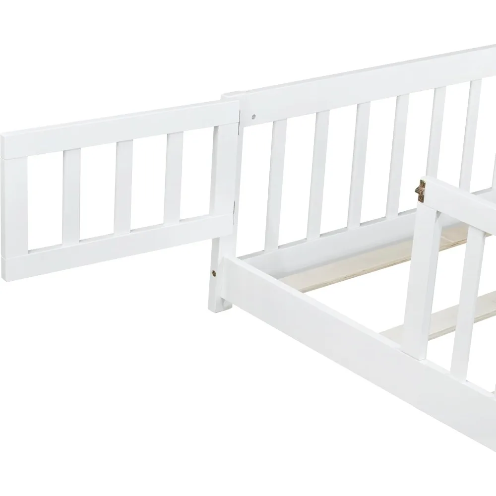 Full Size Floor Bed with Fence and Door, Rubber Wood Floor Bed w/Safety Guardrails/Near The Ground, Easy to Assemble & No Box Sp