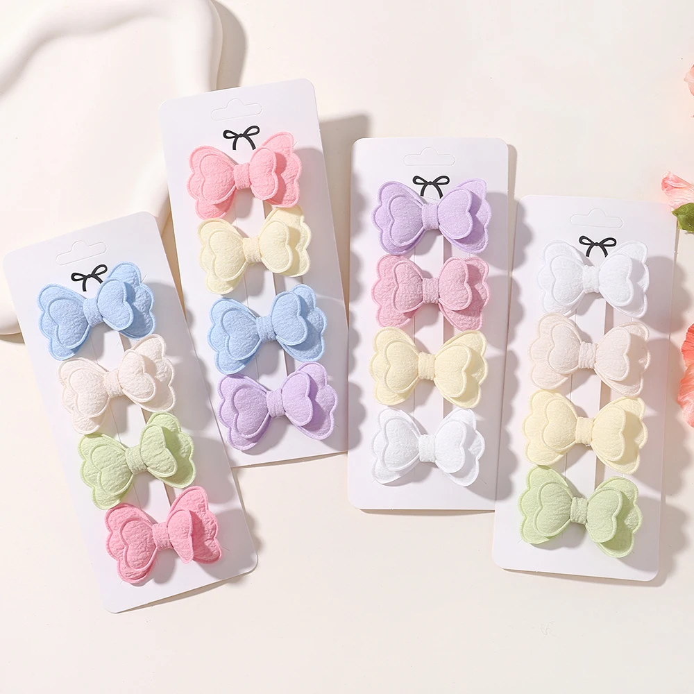4 unids/set de pinzas para el cabello de color caramelo para niñas, lazo de doble capa, horquilla para el cabello con flequillo bonito, accesorios seguros para el cabello de algodón para niños