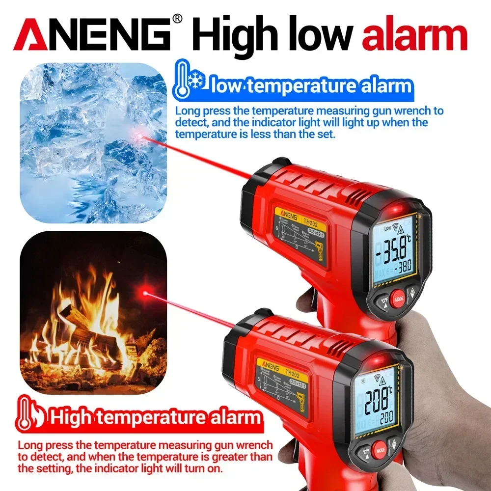 เครื่องวัดอุณหภูมิอินฟราเรด ANENG แบบไม่สัมผัส -50~600 ℃   เครื่องวัดอุณหภูมิแบบดิจิตอลด้วยเลเซอร์ TH202 พร้อมจอ LCD ไพโรมิเตอร์แบบปืน