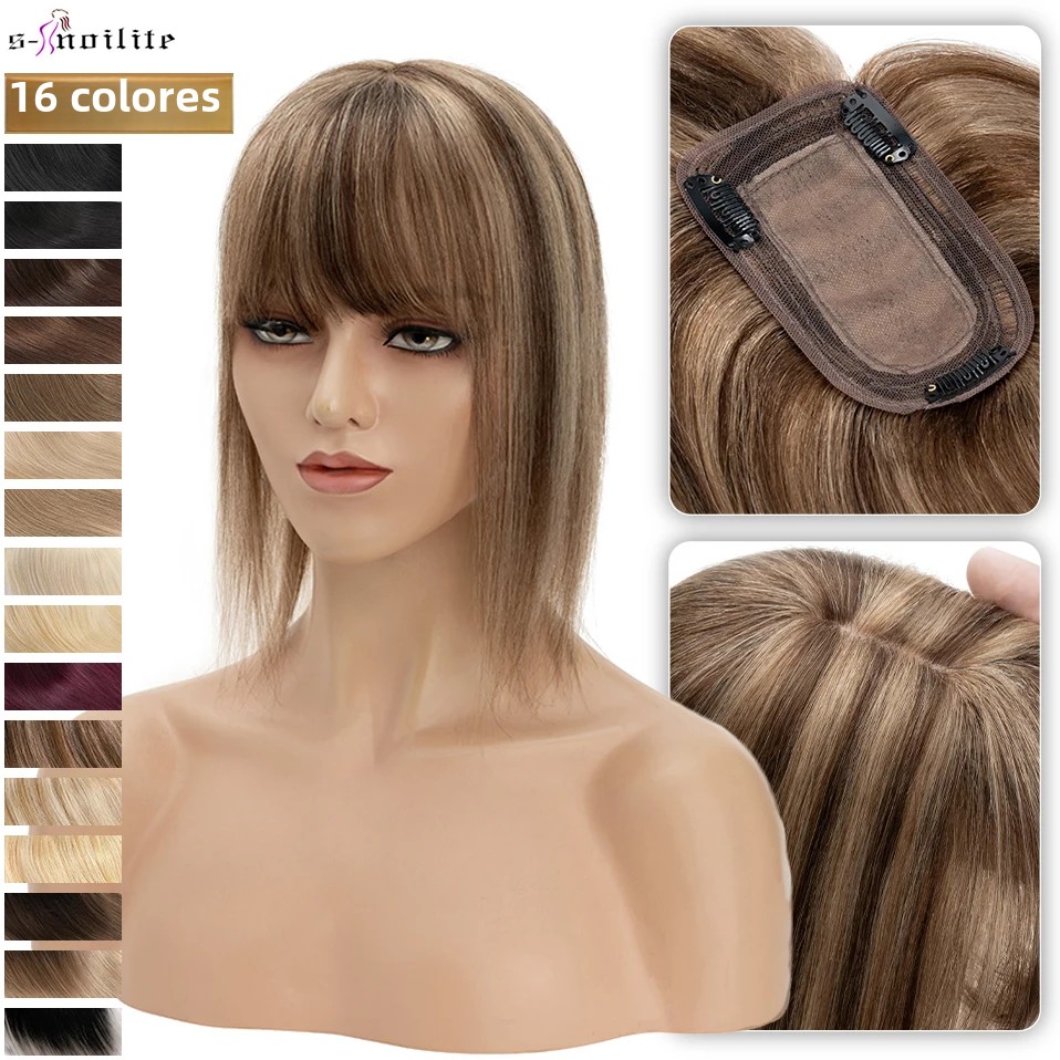 S-noilte 7x13cm adornos para el cabello cabello humano Base de seda Cilp peluca de cabello Natural de 18 pulgadas 100% Clip de cabello humano en postizo cabello falso