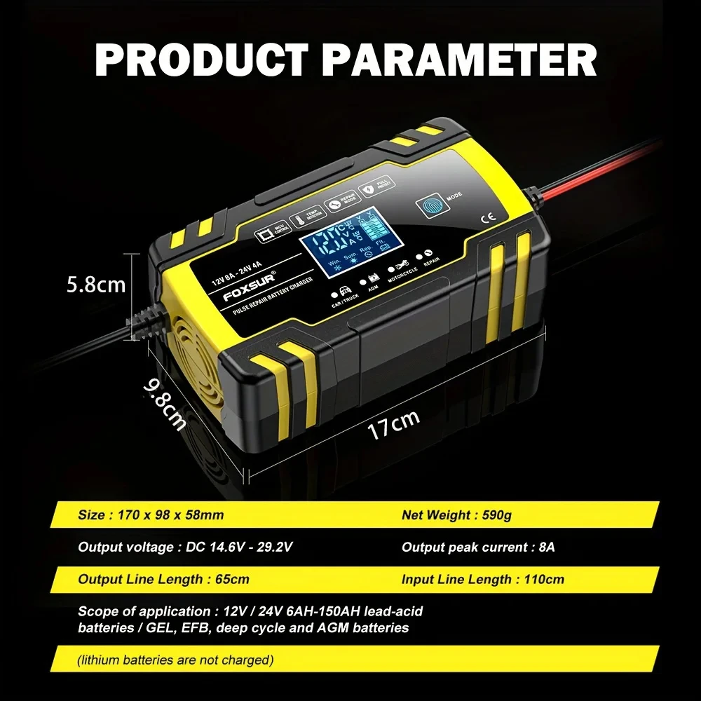 FOXSUR 12V 24V 8A Automatyczna ładowarka do akumulatorów 3-stopniowa naprawa impulsów Wyświetlacz LCD Inteligentna ładowarka do akumulatorów samochodowych ŻEL/AGM ZEWET kwasowo-ołowiowy
