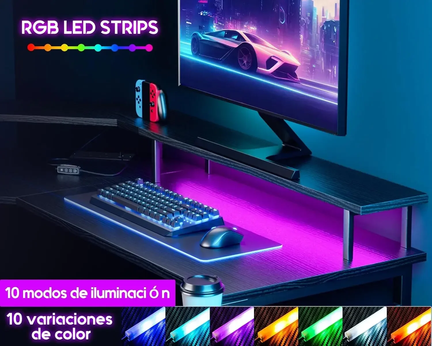 Mesa Gaming con LED, Escritorio Gaming con Enchufes y Puertos USB, Mesa Escritorio Gaming con Soporte para Monitor