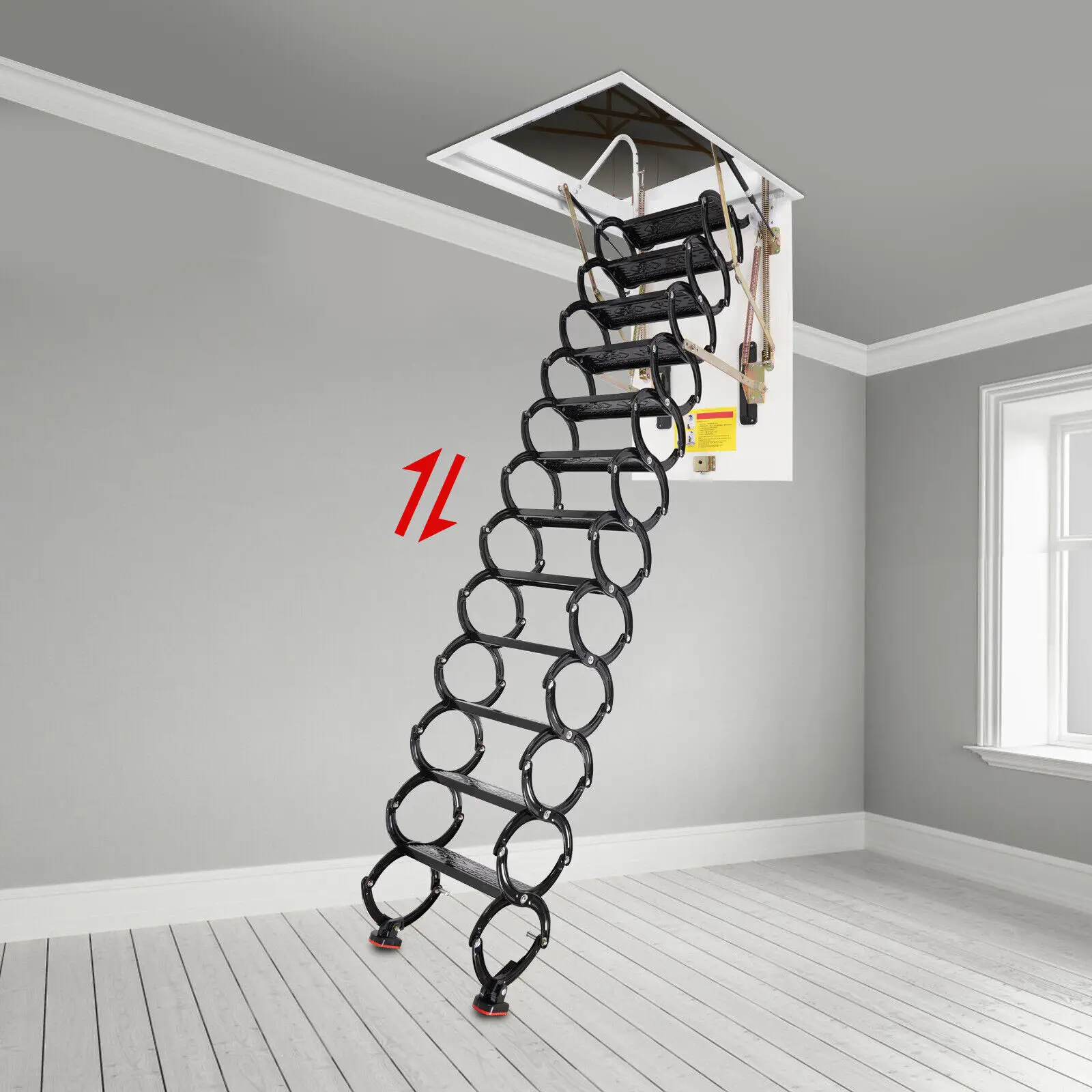 10ft 12-Steps Attic Ladder Loft Stairs Folding Pull Down Stairs Ladder Ceiling Mounted 600lbs Load