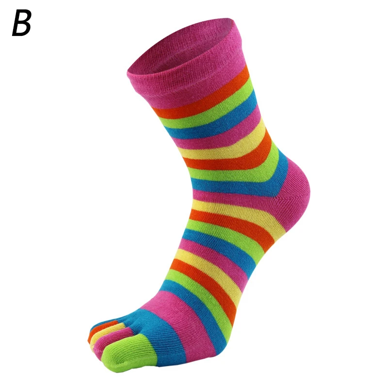 Nuevos calcetines con dedos para mujer, divertidos calcetines con cinco dedos, calcetines cortos transpirables de algodón con estampado de rayas coloridas y arcoíris para mujer