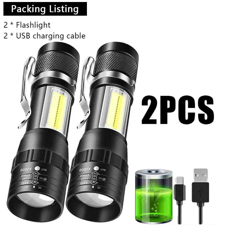 Mini lanterna recarregável led cob + xpe com zoom, 3 modos, bateria embutida, acampamento ao ar livre, lanterna de emergência