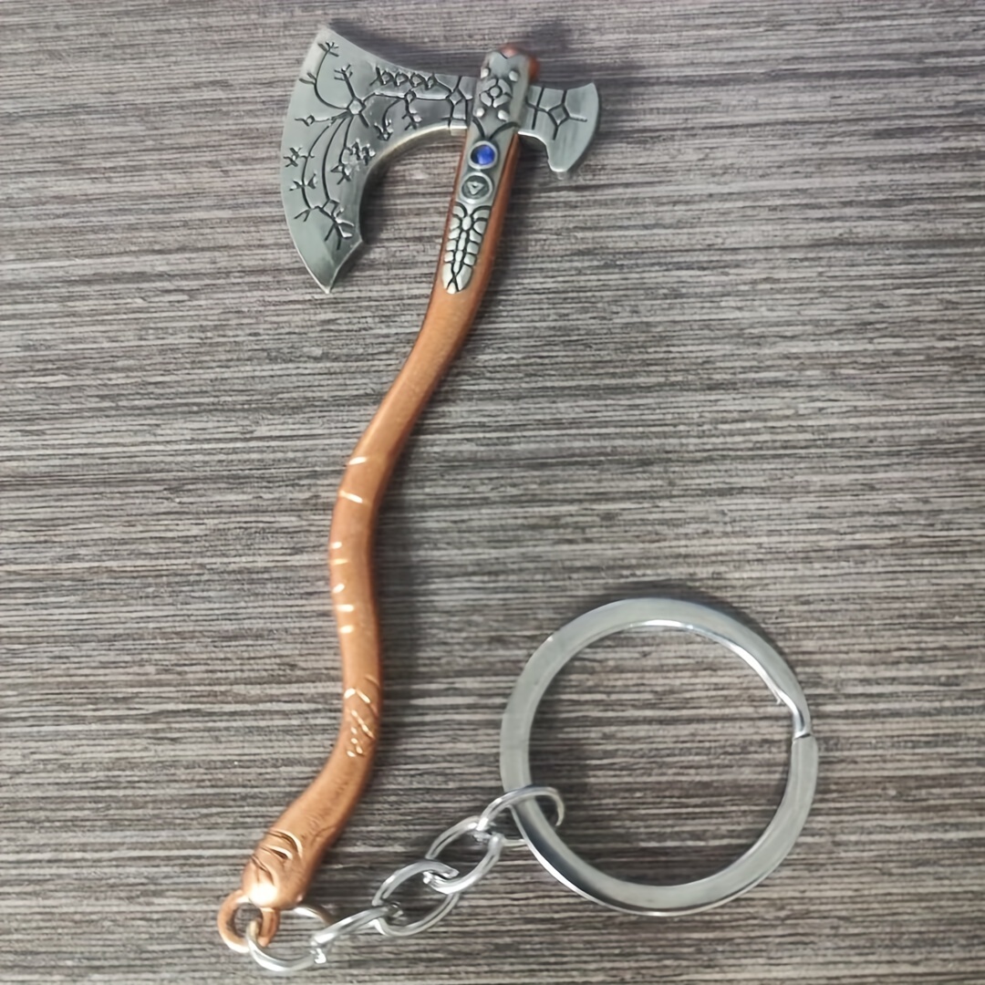 Portachiavi con ascia da battaglia mitologica antica, decorazione con strass blu, portachiavi con ascia in metallo con motivo particolare per uomini e donne