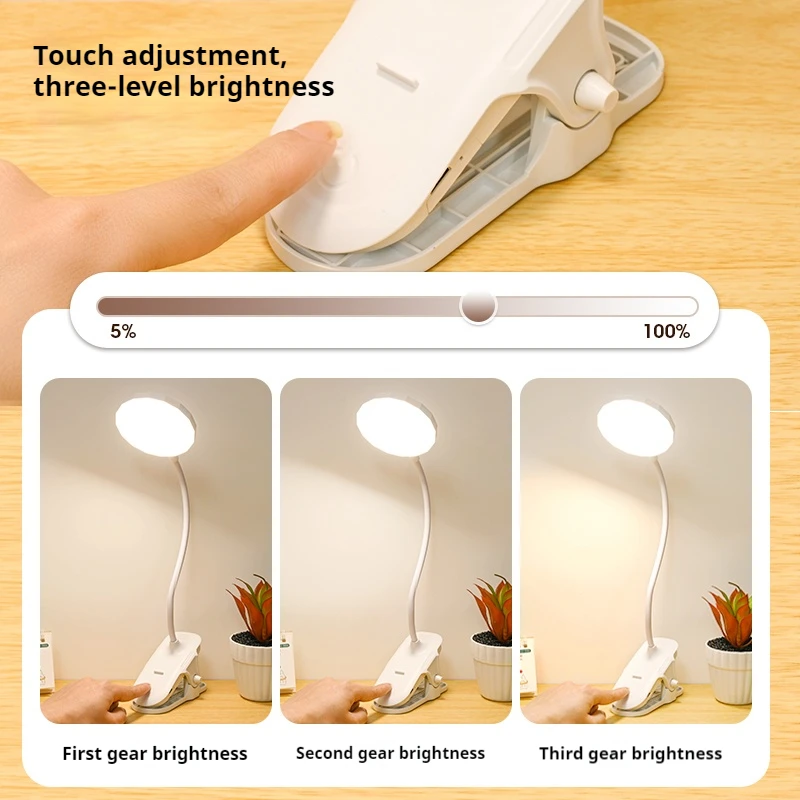 Lampada da tavolo a LED portatile con clip Lampada da scrivania con clip ricaricabile USB Lampada da lettura per letto Luce notturna Touch 3 modalità di attenuazione Luce di protezione degli occhi
