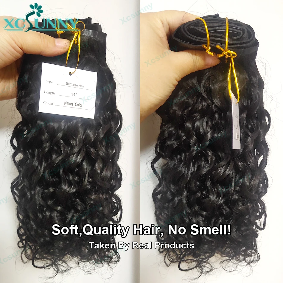 ไม่มีรอยต่อ PU คลิปในส่วนขยายของผมมนุษย์ Water Wave พม่าคลิป Ins Extensions Curly 120g/140g/240g ขายส่งสําหรับผู้หญิง
