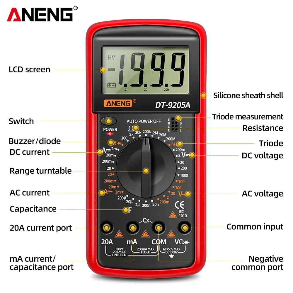 ANENG DT9205A multímetro Digital AC/DC Transistor eléctrico NCV probador medidor Profesional analógico rango automático herramientas Multimetro