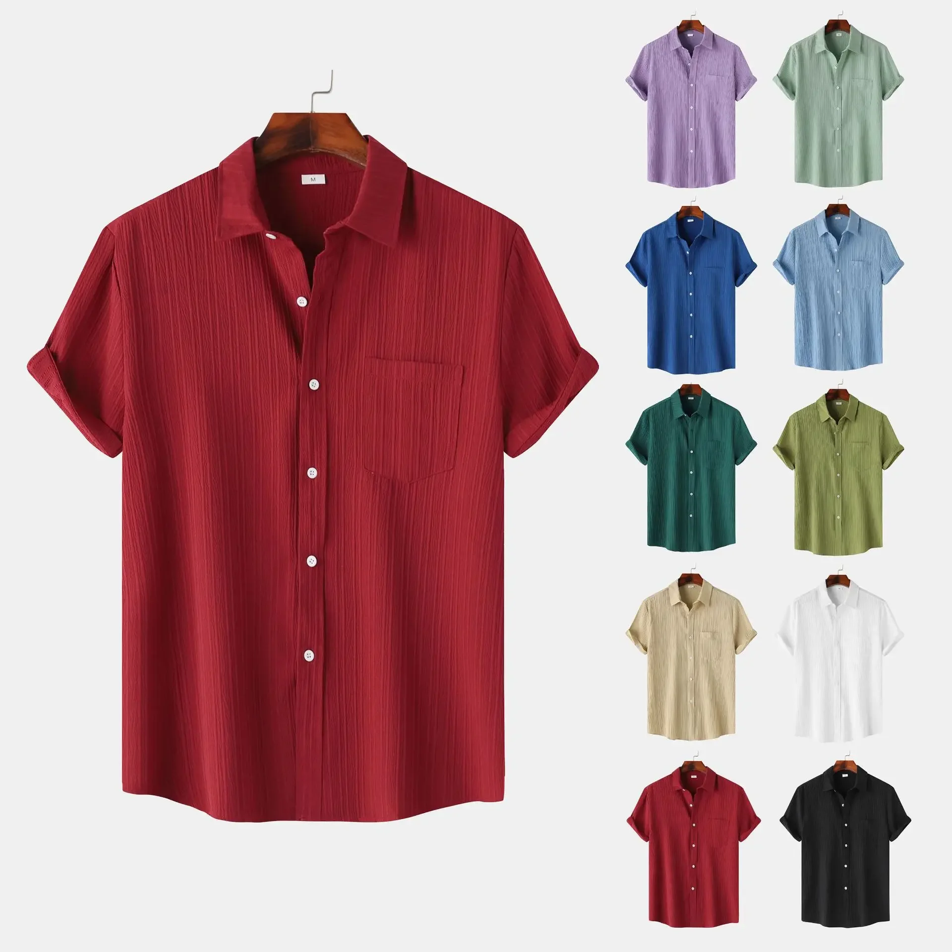 Mens Short Sleeved Shirt Summer New Solid Color Lapel Short Sleeved Shirt Mens