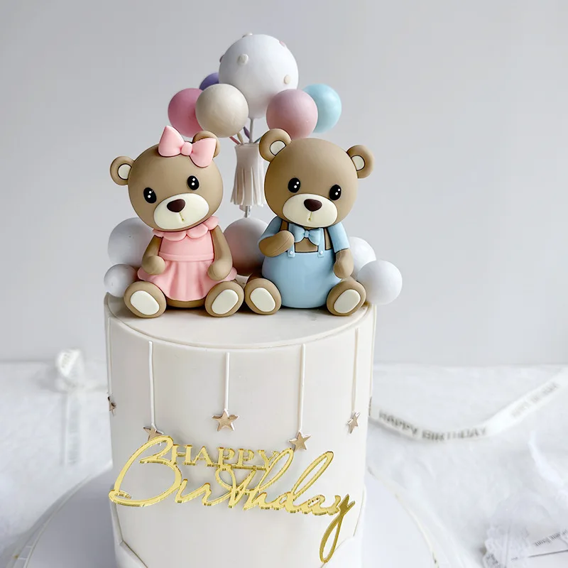 ใหม่ 3D สีชมพูหมีสีฟ้าเค้ก Topper น่ารัก Mini ตุ๊กตาหมีตุ๊กตาเค้กตกแต่งเด็กผู้หญิงวันเกิด Party เพศเปิดเผยอุปกรณ์อาบน้ําเด็ก