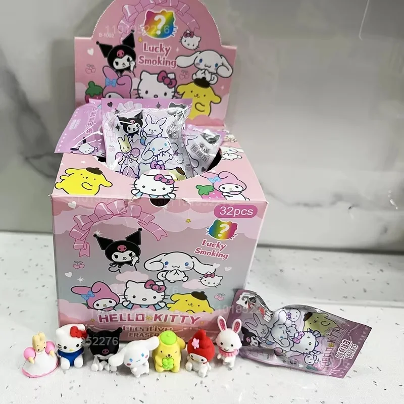 子供のためのサンリオ鉛筆消しゴム、学用品、ハローキティ、私のメロディークロミシナモロール、学生文房具、卸売、32ピース/箱