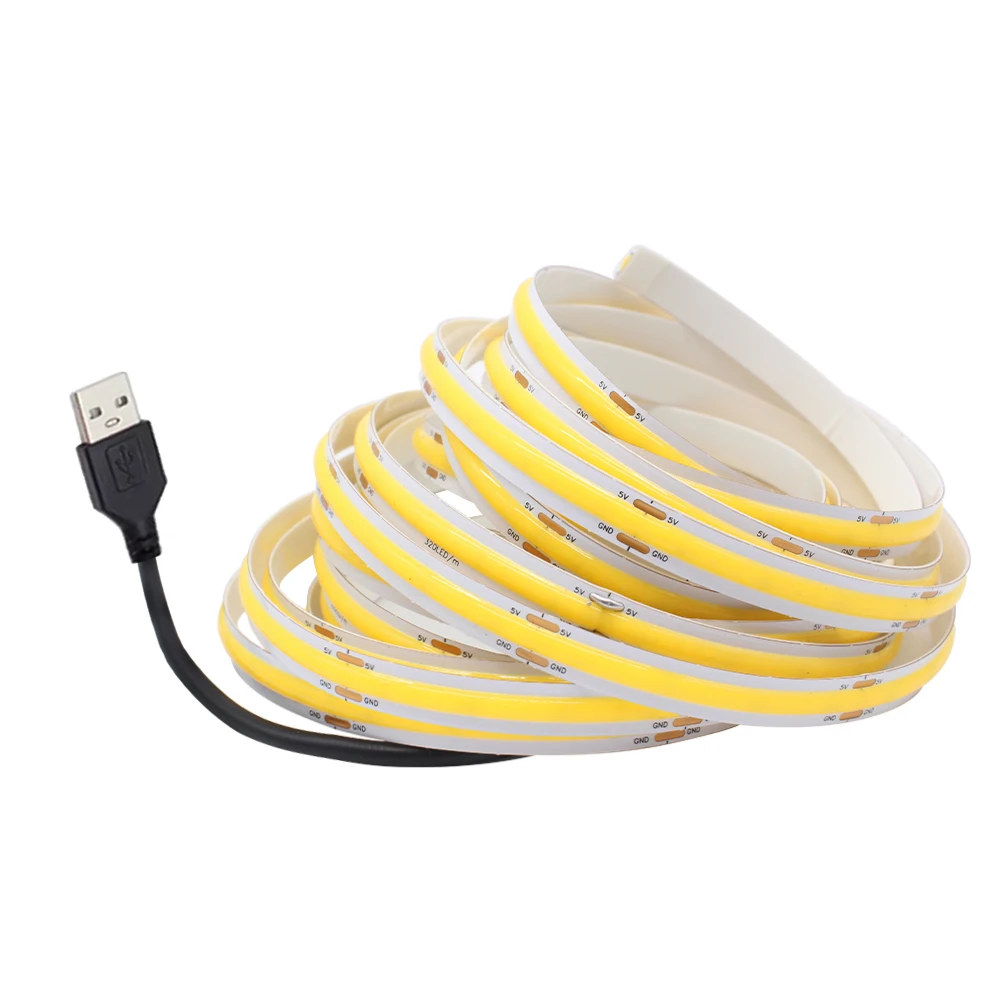 Taśma LED COB USB 5V, 320 diod/M, ciepła, naturalna, zimna biel, elastyczna, złącze 2-pinowe, 8mm, do sypialni, salonu, dekoracji domu.