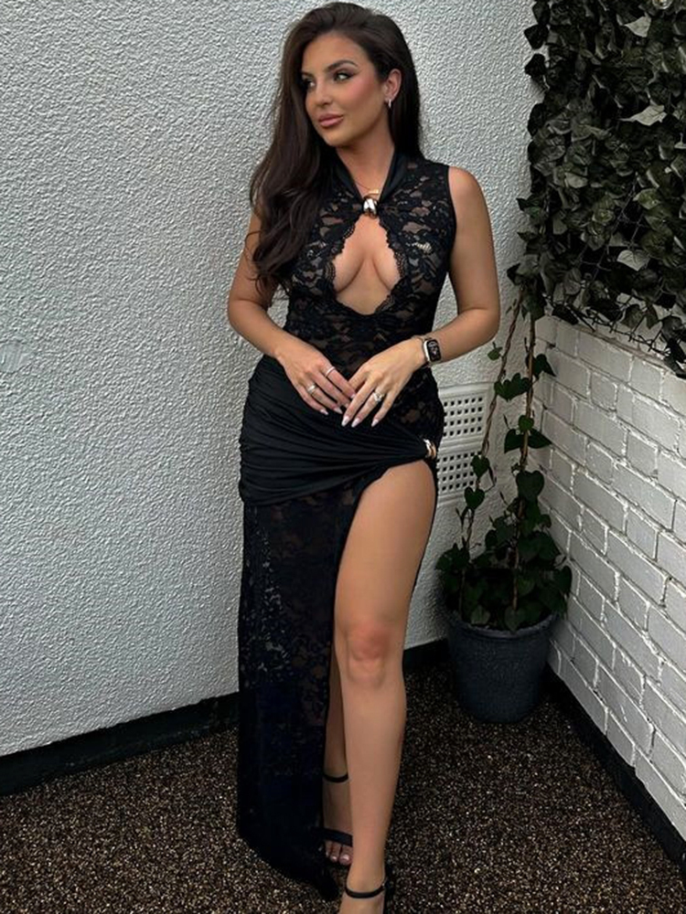 Sibybo Schwarz Spitze Langes Kleid Für Frauen Ärmel Aushöhlen Hohe Schlitz Bodycon Abendkleider Sexy Schlank Party Vestidos