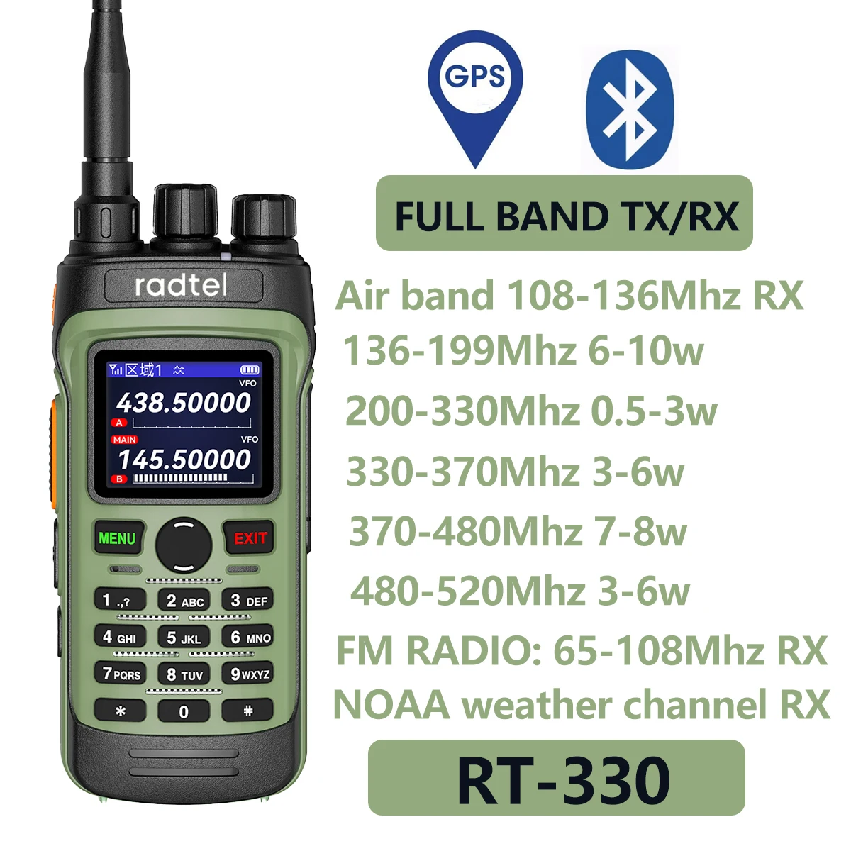 Radtel RT-330 gps bluetooth app programmierung amateur radio 10w power full band 136-520mhz tx rx luftfahrt frequenz empfangen noaa