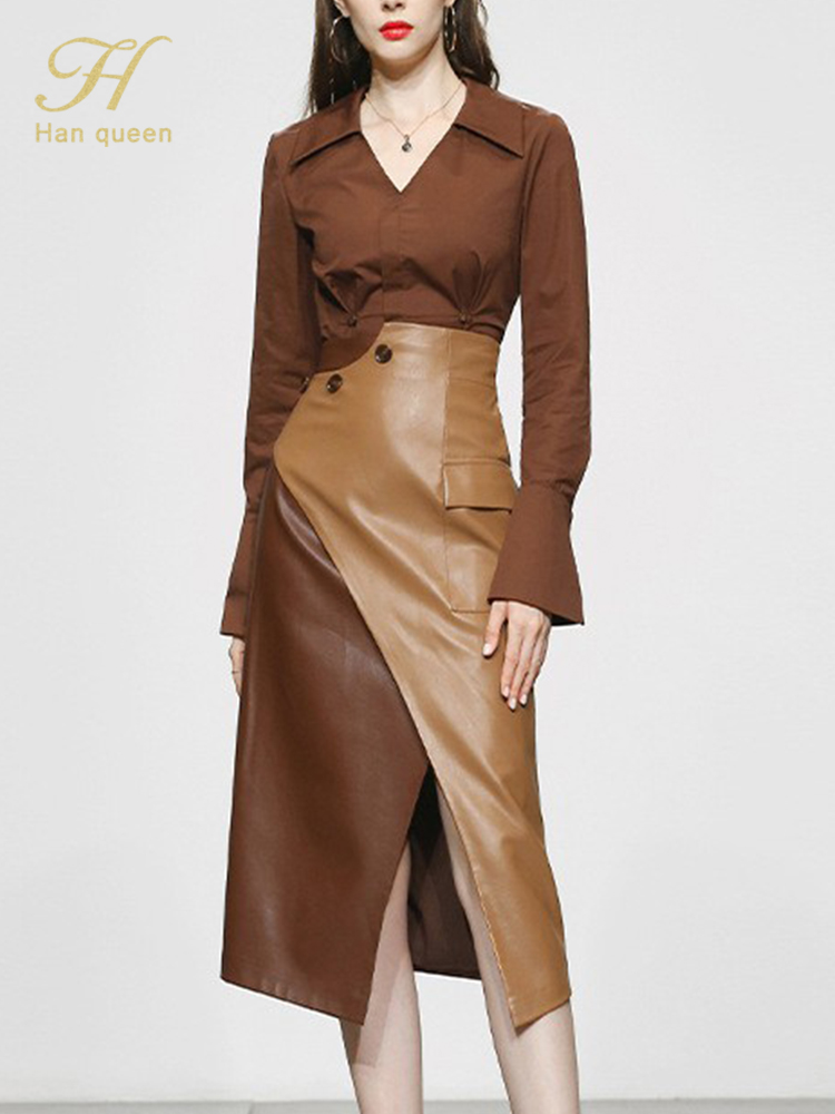 H Han Queen Herbst 2-teiliges Set für Damen, langärmelig + hohe Taille, kontrastfarbene Bleistiftröcke, lässig, einfach, Büro-Dame-Rock-Anzug