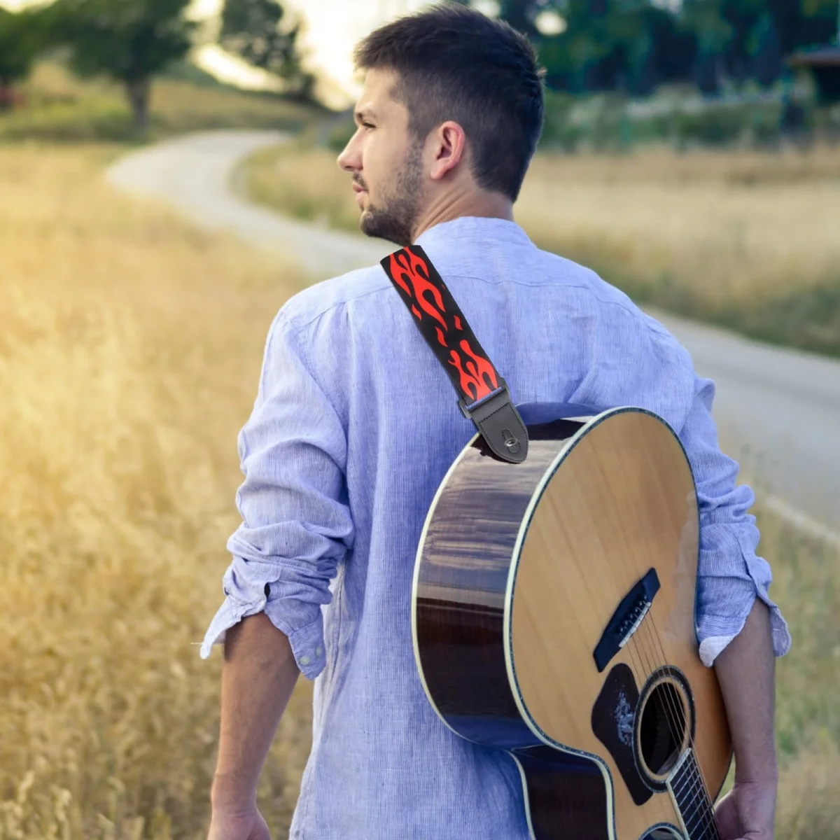 Tracolla per chitarra/Straccio per chitarra jacquard con fiamma rossa/Extremità in pelle/Lunghezza regolabile/Straccio durevole con tracolla modello/per chitarra