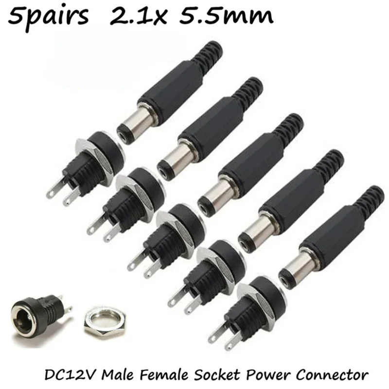ขั้วต่อสายไฟแบบติดตั้งบนแผง 5 คู่ DC 12V แบบตัวผู้และตัวเมีย พร้อมปลั๊กและขั้วต่อแบบตัวเมีย พร้อมน็อตยึด