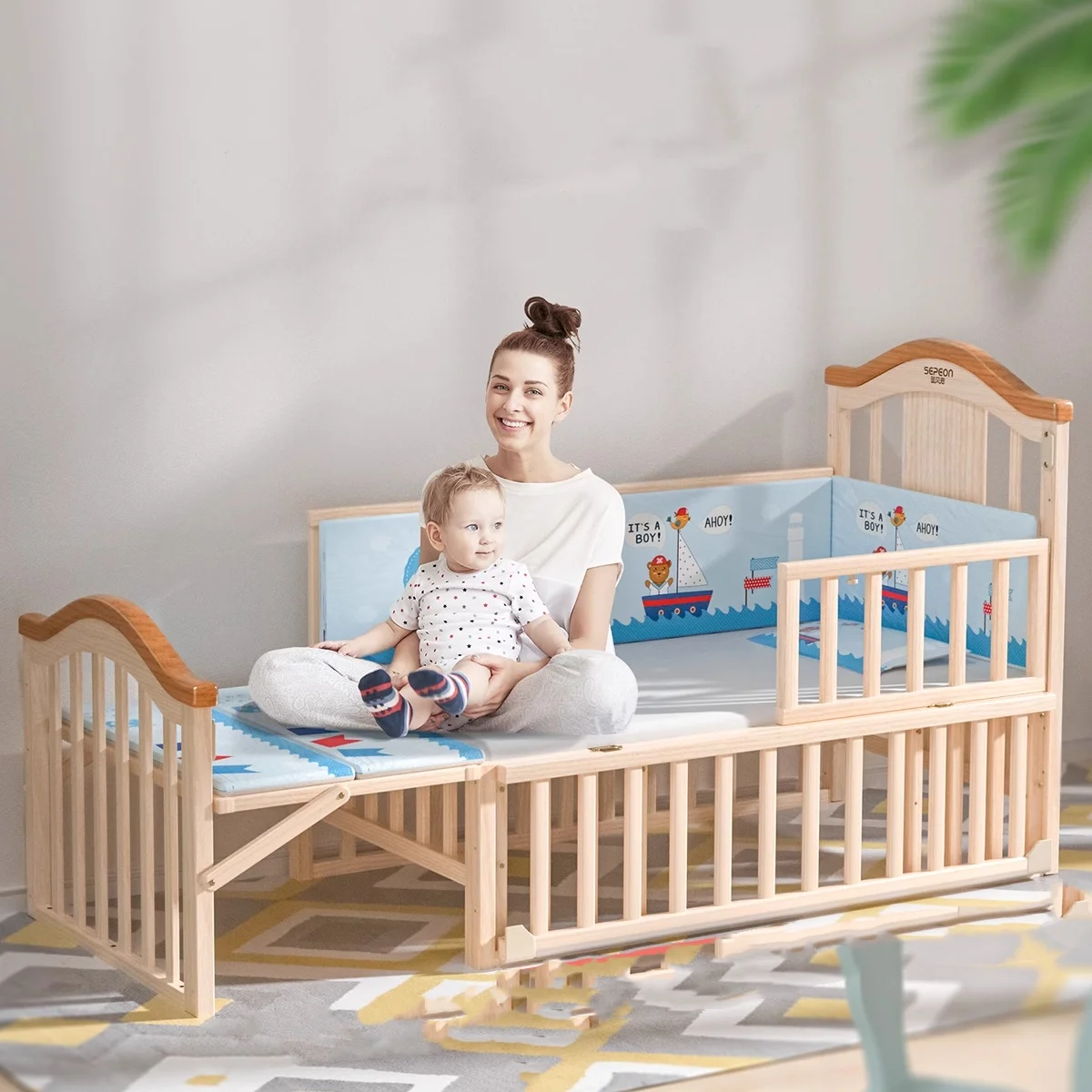 ไม้สนธรรมชาติโยก Cradle มีมุ้งกันยุง,มัลติฟังก์ชั่นเปลเด็ก,104*60*95 ซม.,สามารถ Joint ผู้ใหญ่เตียง