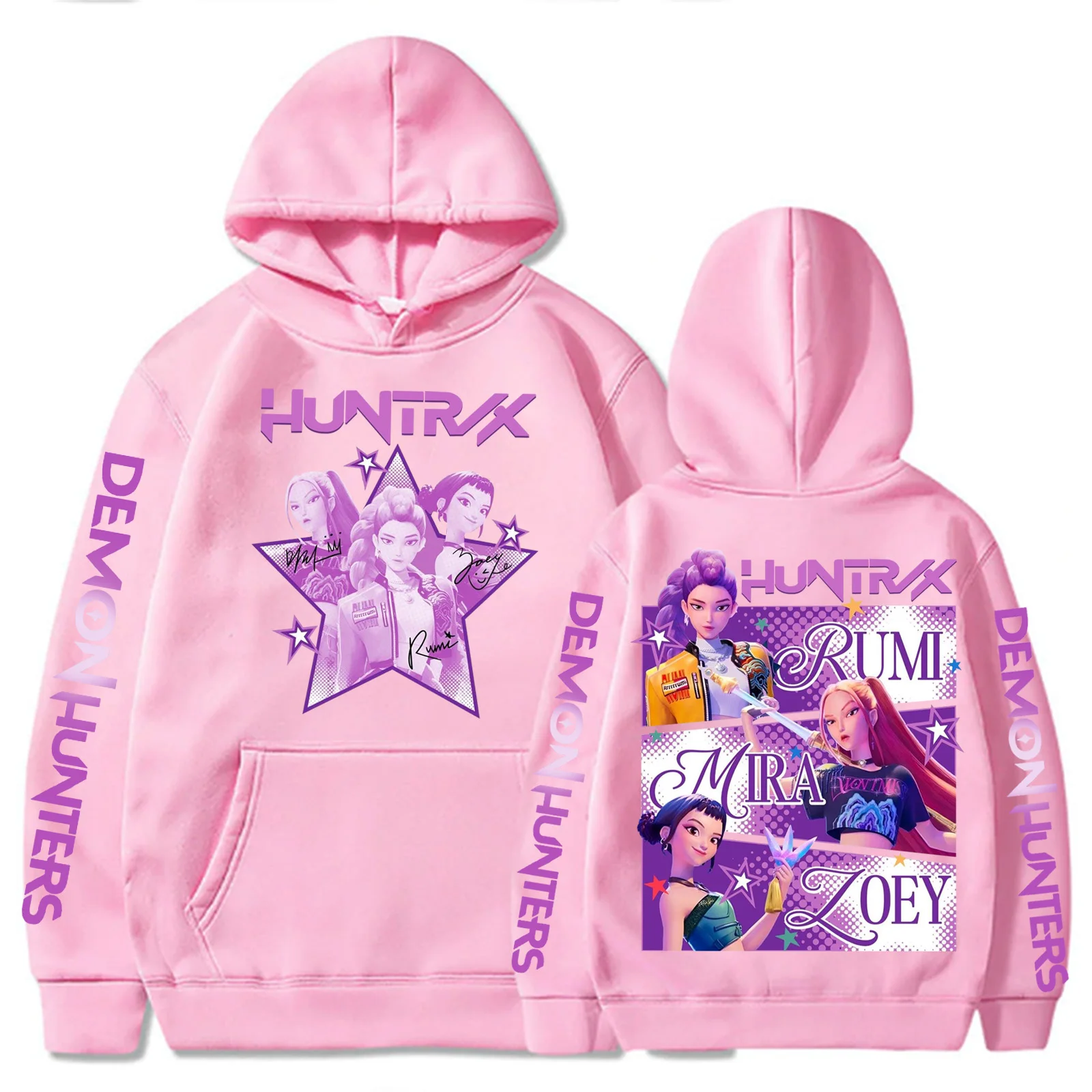 Harajuku kpop caçadores de demônios gráfico hoodie mira rumi zoey huntrix impressão com capuz pulôver homem mulher fãs presente moletom casual