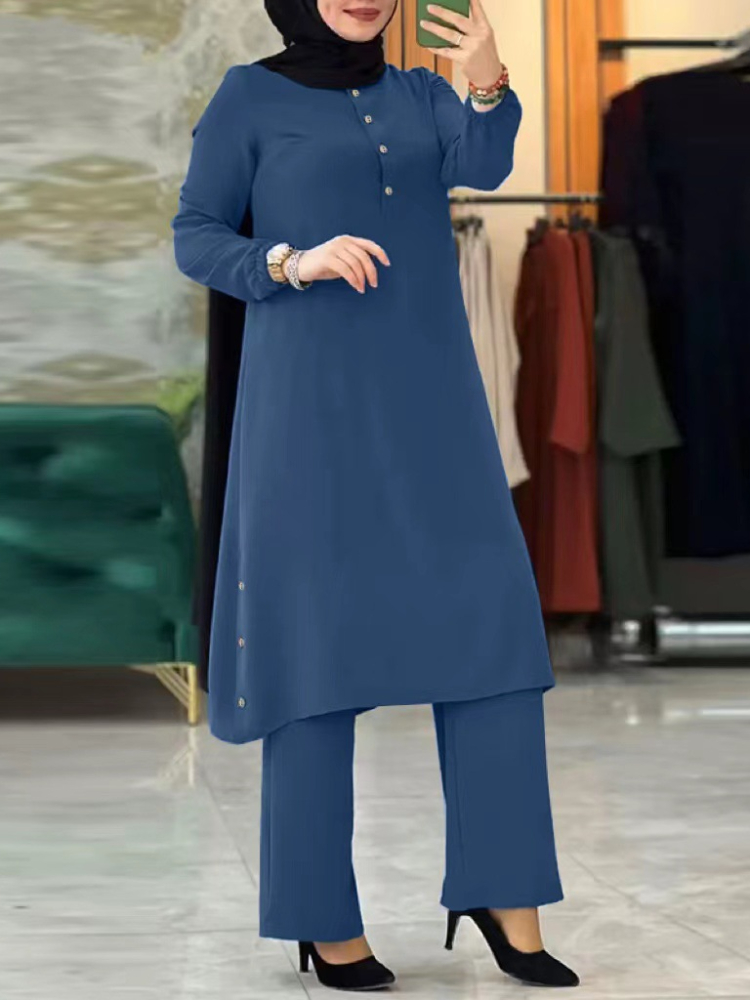 Mulheres árabes eid muçulmano duas peças conjunto blusa & calça de perna larga musulman conjunto cinto único botão camisa ramadan roupas modestas